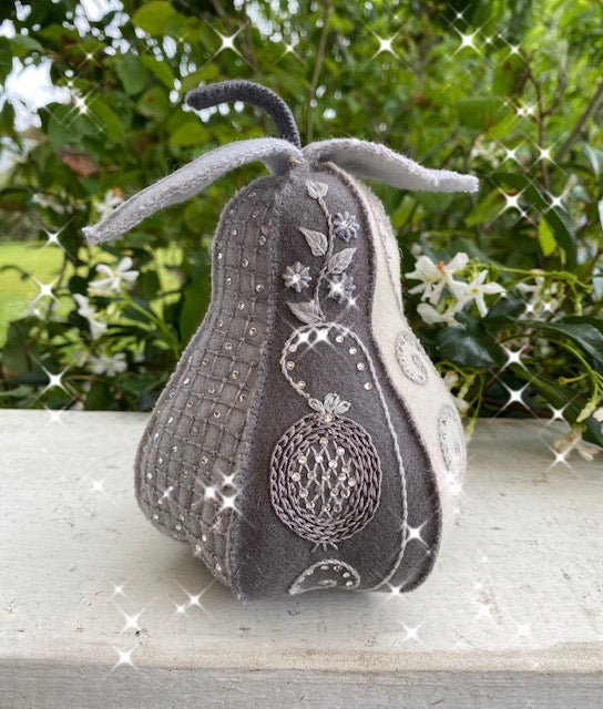 Sparkly Embroidered Winter Pear Pattern in Grey by Ngaire Montgomery-Williams 7½" High