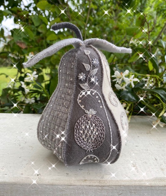 Sparkly Embroidered Winter Pear Pattern in Grey by Ngaire Montgomery-Williams 7½" High